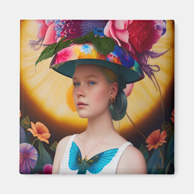 Imã Uma senhora com um chapéu de sol floral (Frente)