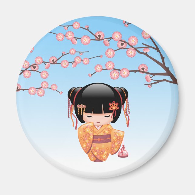 Imã Ume Kokeshi Doll - Japonesa Geisha Girl Blue (Frente)