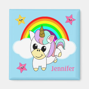 Imã Unicórnio Bebê Arco-íris e Nuvens Personalizado