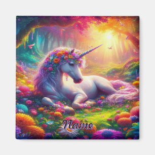 Imã Unicórnio Branco Floral Arco-Íris Floresta Encanta