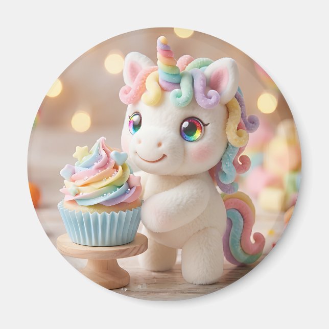 Imã Unicórnio de Bala Pastel com Cupcake de Arco-íris (Frente)