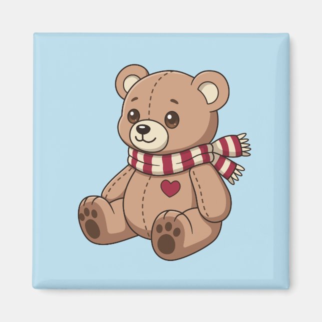 Imã Ursa de pelúcia fofa com cachecol listrado azul (Frente)