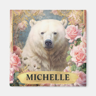 Imã Ursa Polar Vintage aquarela e Rosas Rosa
