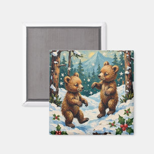 Imã Ursinhos Antigos Brincando no Natal Nevado