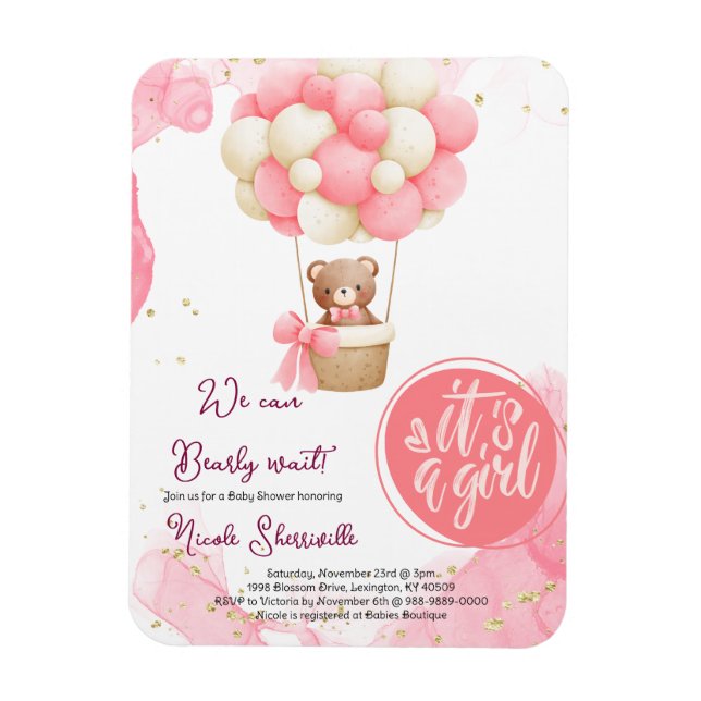 Ímã Urso Bebê Rosa Dourado Balão de Ar Quente Chá de B (Vertical)