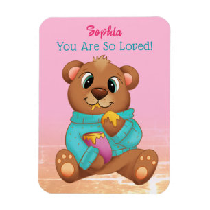 Ímã Urso Bonito Comendo Mel, Nome/Mensagem da Criança,
