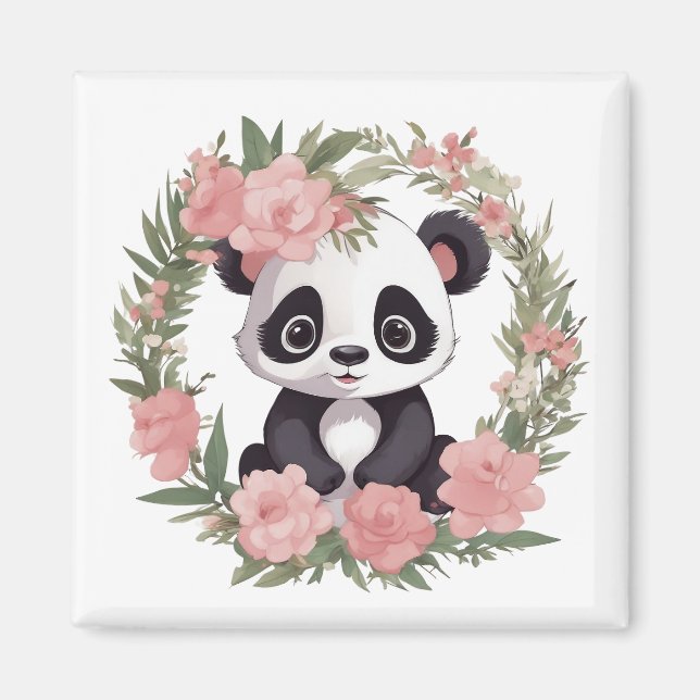 Imã Urso de Panda Adorável com Flores (Frente)