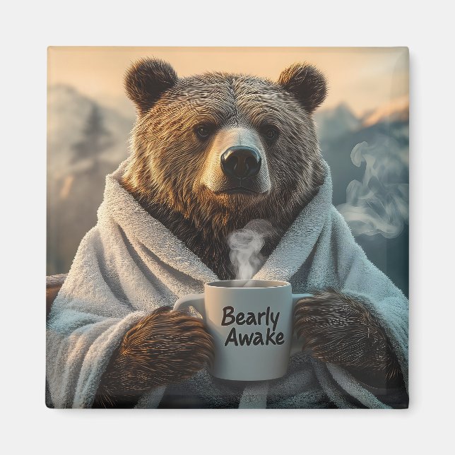 Imã Urso em Robe Segurando Caneca de Café (Frente)