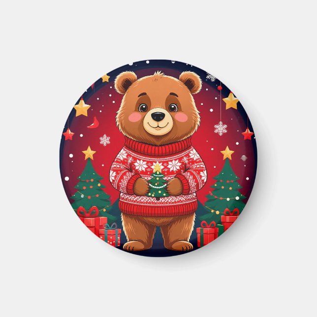 Imã Urso Fofo de Suéter de Natal (Frente)