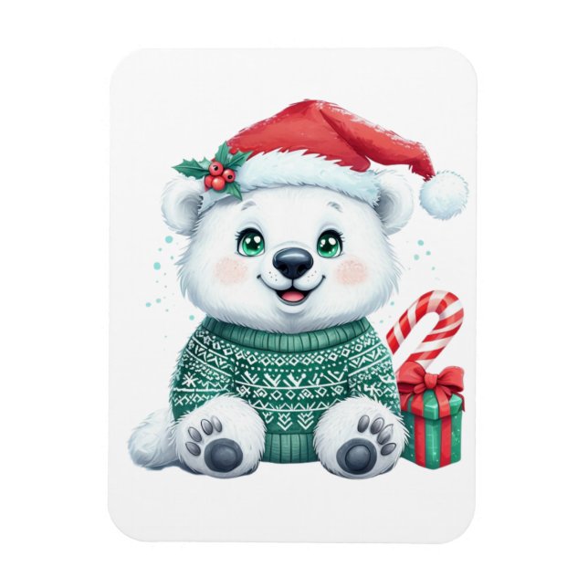 Ímã Urso Polar Bonito de Natal em Suéter Festivo (Vertical)