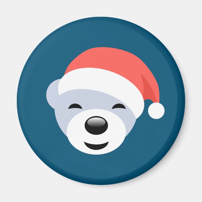 Imã Urso Polar de Natal em Chapéu Vermelho em Azul (Frente)