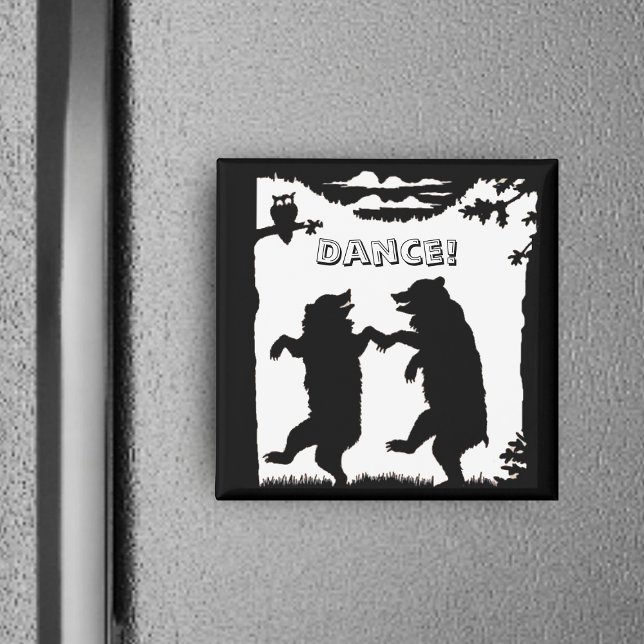 Imã Ursos Dançantes Silhueta Preta (Two black bears in silhouette dancing under trees with owl on black white square Dance magnet.)