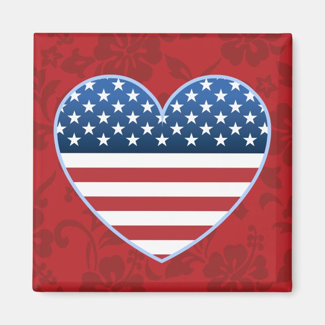 Imã USA Flag Heart Hawaiian Floral Magnet (Frente)