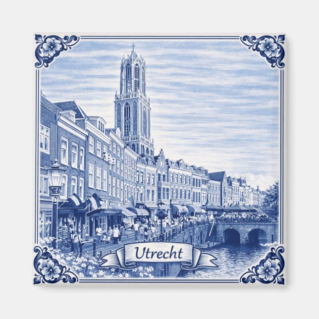 Imã Utrecht canal houses Delft Blue style magnet (Frente)