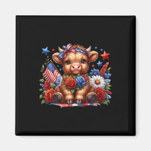 Imã Vaca Bela Em 4 De Julho Floral Americana Patriótic