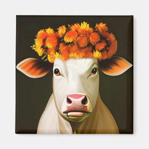 Imã Vaca Branca com Retrato de Coroa Floral de Outono