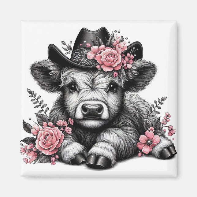 Imã Vaca das Terras Altas com Chapéu e Decoração Flora (Frente)