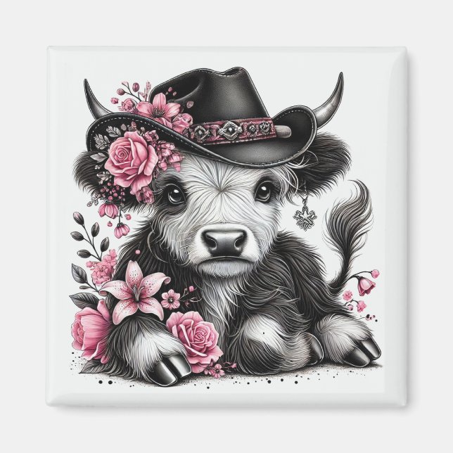 Imã Vaca das Terras Altas Com Chapéu Floral (Frente)