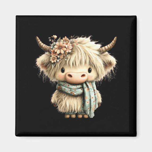 Imã Vaca das Terras Altas fofa floral boho animal de f (Frente)