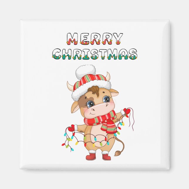 Imã Vaca de Natal bonita vestindo roupa de inverno (Frente)