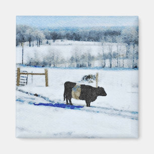 Imã Vaca Galloway Cinzenta Abaixo de Neve na Aquarela 