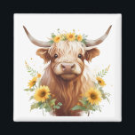 Imã Vaca Highland com Flor Amarelo de Girassol<br><div class="desc">vaca bonito, coroa de girassol amarela, girassóis na cabeça chifre, flores e chifres de touro, ilustração de pintura de aquarela, bela fazenda de gado escocês, campo de prados da natureza selvagem, vibe de primavera de verão, fazendeiro de fazenda de verão, doce e florido</div>