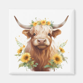 Imã Vaca Highland com Flor Amarelo de Girassol