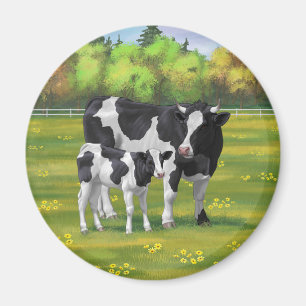 Imã Vaca Holstein e Vitelo-da-Feira na Pastagem de Ver