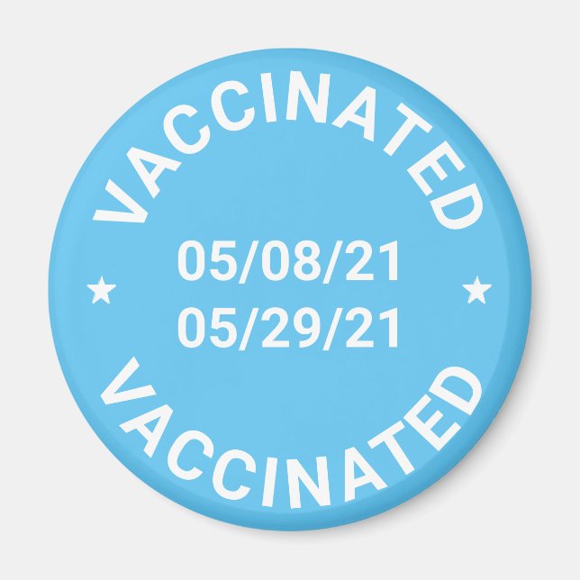 Imã Vacinado com datas personalizadas e texto azul cla (Frente)