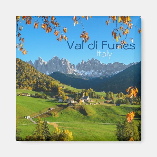 Imã Val di Funes com ímã de texto quadrado das folhas  (Frente)
