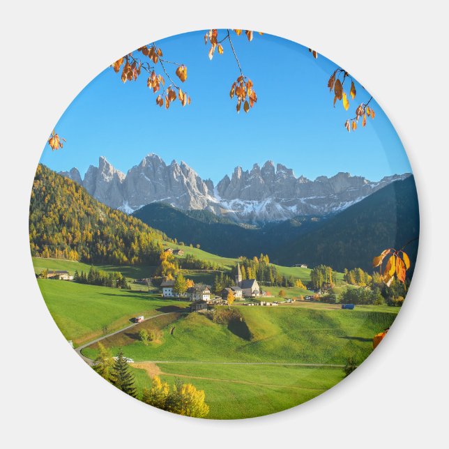 Imã Val di Funes com íman redondo de folhas de outono (Frente)