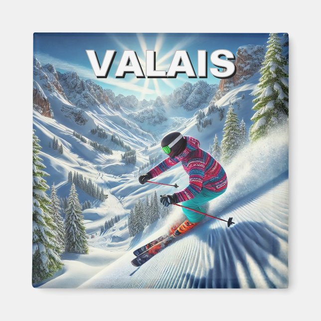Imã Valais Suiça Skiing Skier Viagem (Frente)