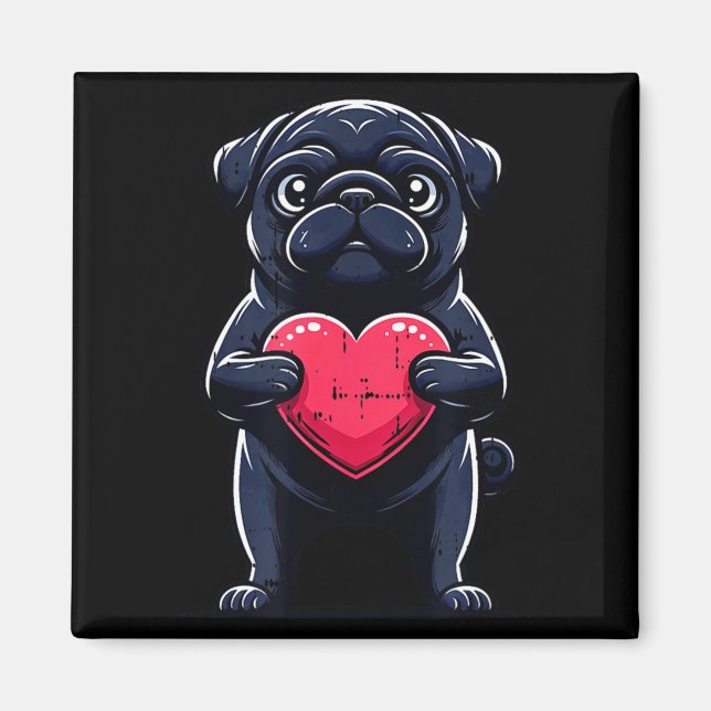 Imã Valentines Day Black Pug Heart Funny Dog Mom Dad F (Frente)