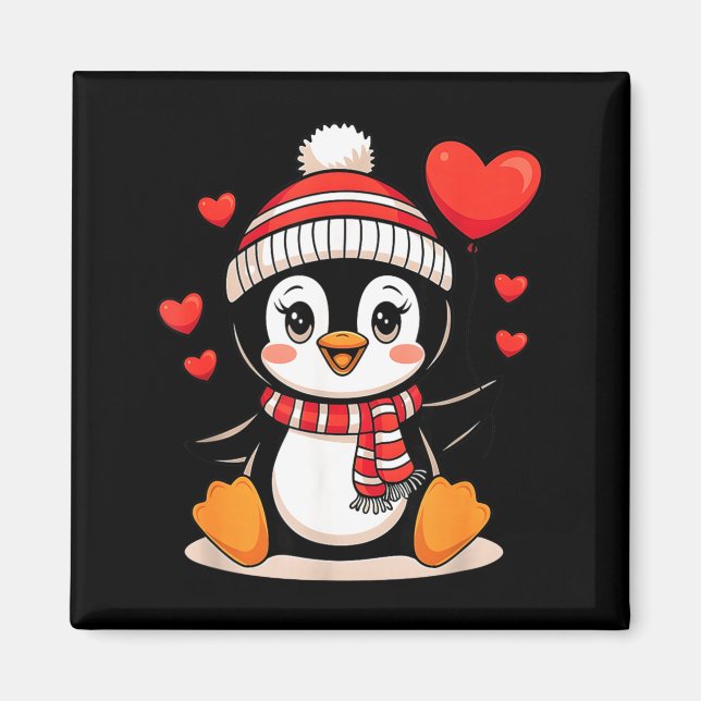 Imã Valentine's Day Penguin Heart Balloon Cute  (Frente)