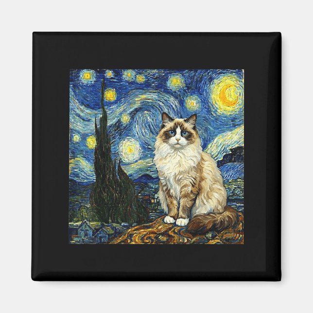 Imã Van Gogh Art Starry Night - Funny Ragdoll Cat Arti (Frente)