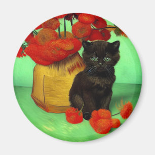 Imã Van Gogh Black Kitten Red Flowers