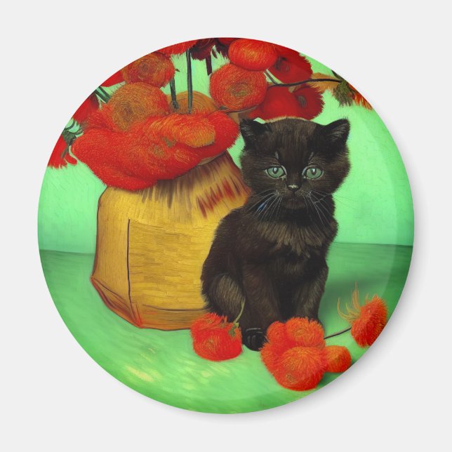 Imã Van Gogh Black Kitten Red Flowers (Frente)