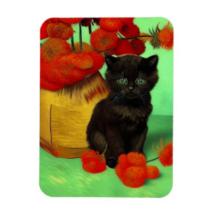 Ímã Van Gogh Black Kitten Red Flowers