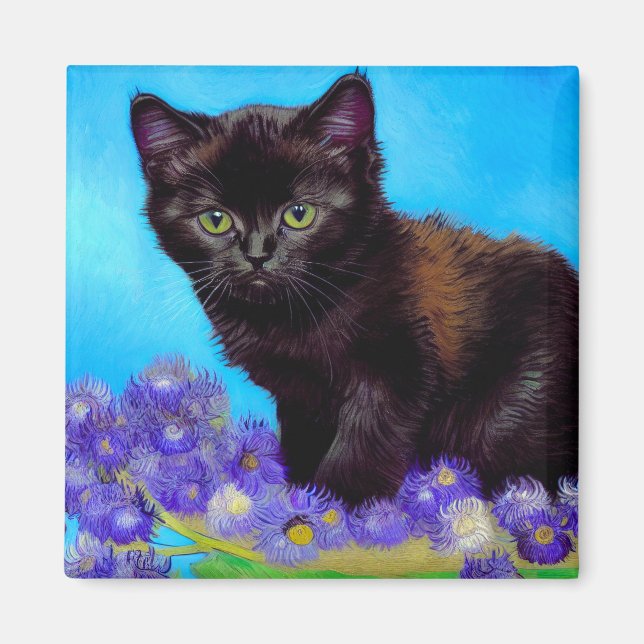 Imã Van Gogh Cat e Flores (Frente)