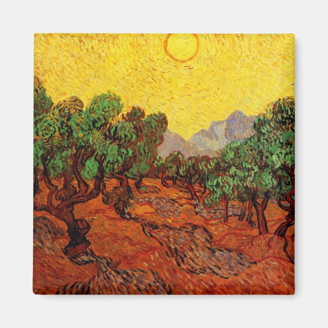 Imã Van Gogh Olive Trees com Céu Amarelo e Sol (Frente)