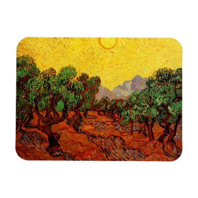 Ímã Van Gogh Olive Trees com Céu Amarelo e Sol (Horizontal)
