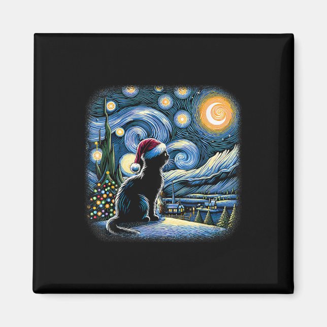 Imã Van Gogh Starry Night Cat Funny Black Christma (Frente)