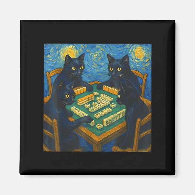 Imã Van gogh starry night cat playing mahjong chinese (Frente)