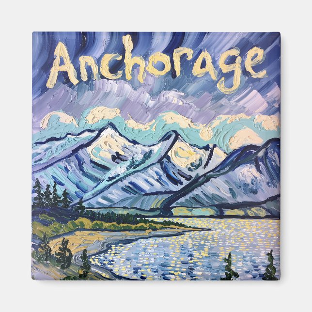 Imã Van Gogh Style Anchorage Alaska Landscape Painting (Frente)