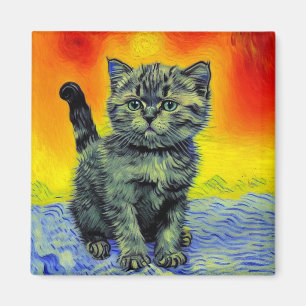 Imã Van Gogh Style Cat Sunset Beach