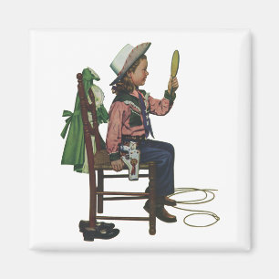 Imã Vaqueira da menina do vintage que olha o espelho 