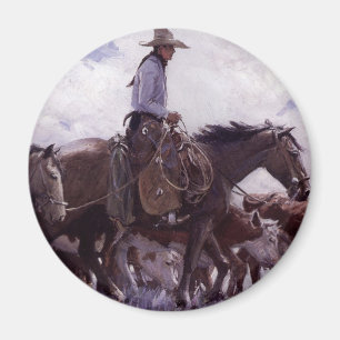 Imã Vaqueiro do vintage com seu rebanho do gado por