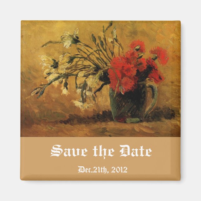 Imã vaso com cravos vermelhos e brancos, salve a data (Frente)