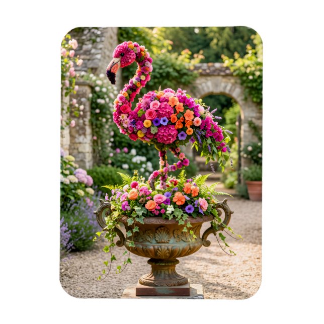 Ímã Vaso de Topiaria de Flamingo e Flores Tropicais (Vertical)