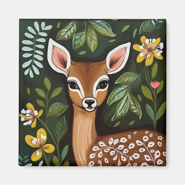 Imã Veado bonito com Folhas e Flores (Frente)